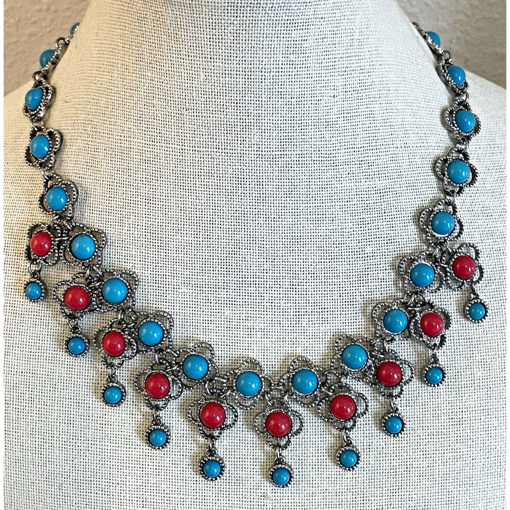 JC South West Silver Tone Blue Red Acrylic Bead Bib Statement Necklace Signed